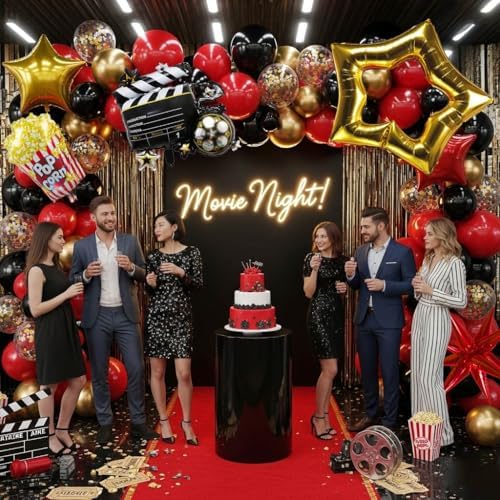 Movie Night Balloon Garland Arch Set Red Black Gold