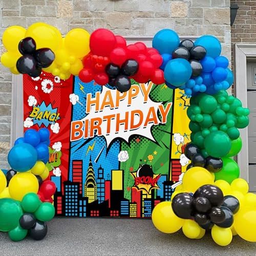 7x5FT Cartoon Superhero Cityscape Birthday Party Backdrop