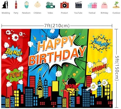7x5FT Cartoon Superhero Cityscape Birthday Party Backdrop