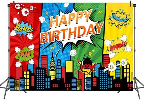7x5FT Cartoon Superhero Cityscape Birthday Party Backdrop