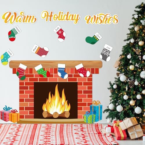 Christmas Bulletin Board with Fireplace and Stocking Cutouts