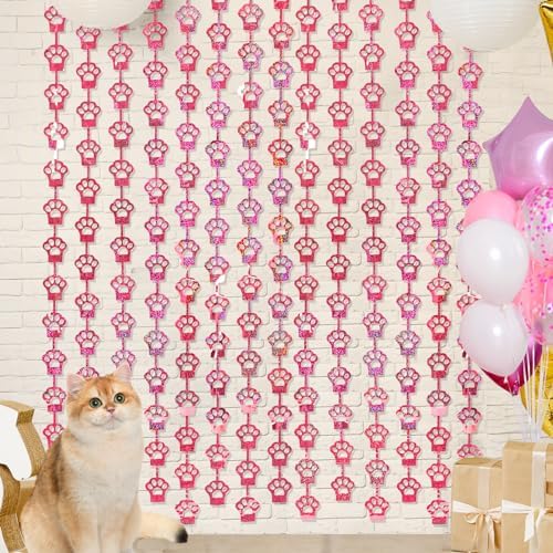 Pink Cat Paw Foil Fringe Curtains 2 Pack