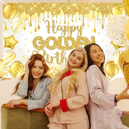 Happy Golden Birthday Backdrop with Balloons and Glitter