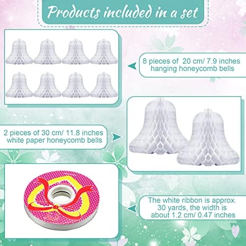 10 Pcs White Honeycomb Wedding Bells with 2 Rolls Ribbons