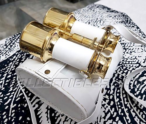 Handmade Shiny Brass Binoculars with White Leather Box