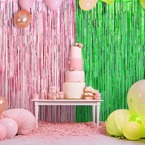 4 Pack Pink and Green Tinsel Curtain Backdrop