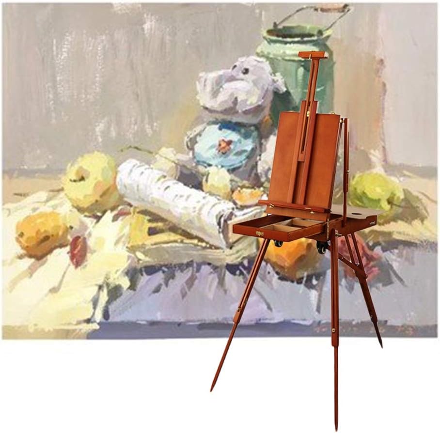 Wooden Oil Painting Easel Folding Sketch Box with Wheels Red