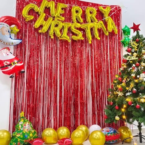 Braveshine Red Tinsel Foil Fringe Curtains 2Pcs