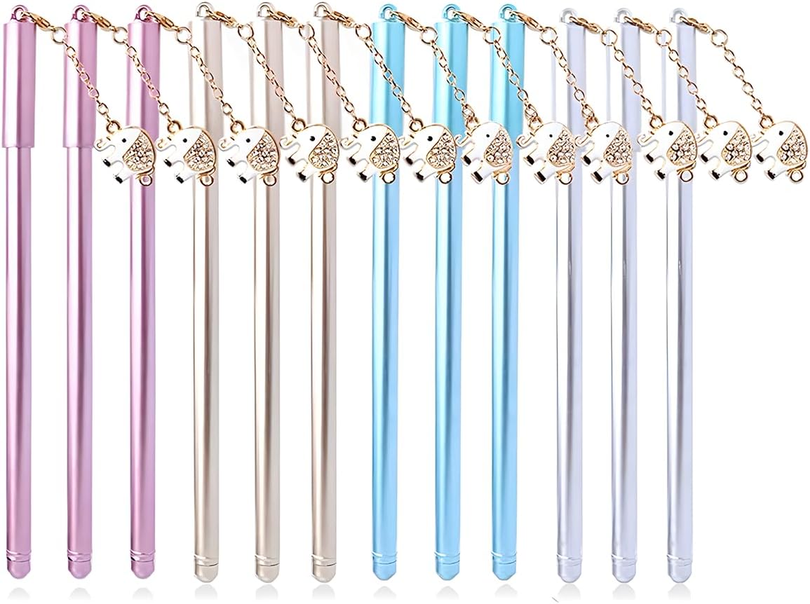 12Pcs Cute Gel Ink Pens with Elephant Pendant