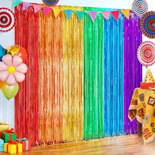 2 Pack Rainbow Foil Fringe Curtains for Party Decorations