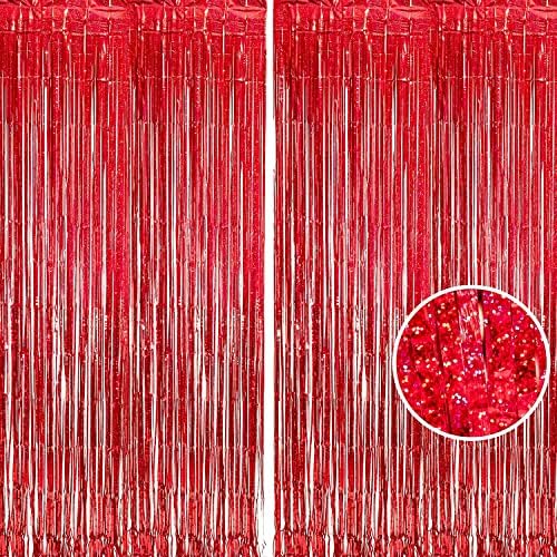 Braveshine Red Tinsel Foil Fringe Curtains 2Pcs