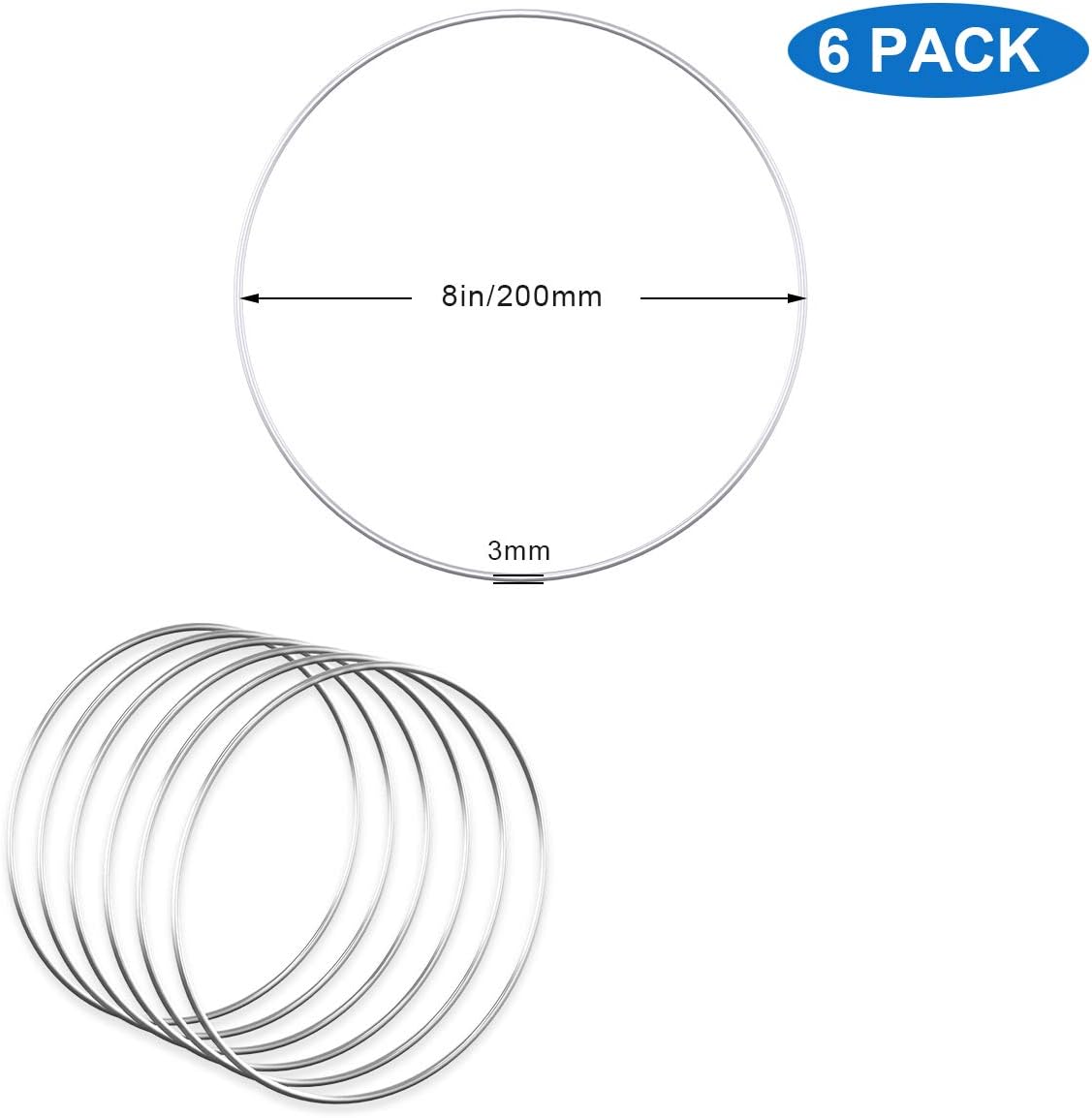 Worown 6 Pcs 8 Inch Silver Metal Wreath Hoops for Crafts