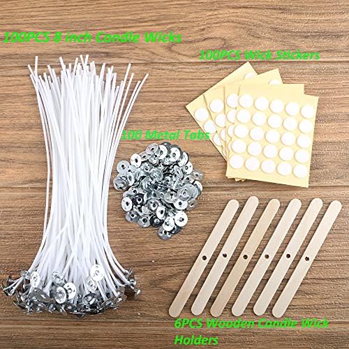 MILIVIXAY 100PCS 8 Inch Candle Wicks with Metal Tabs and Wood Holders