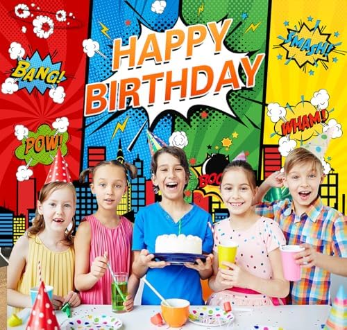 7x5FT Cartoon Superhero Cityscape Birthday Party Backdrop