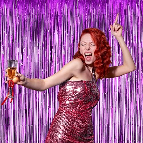 3 Pack Purple Foil Fringe Backdrop Curtains for Parties