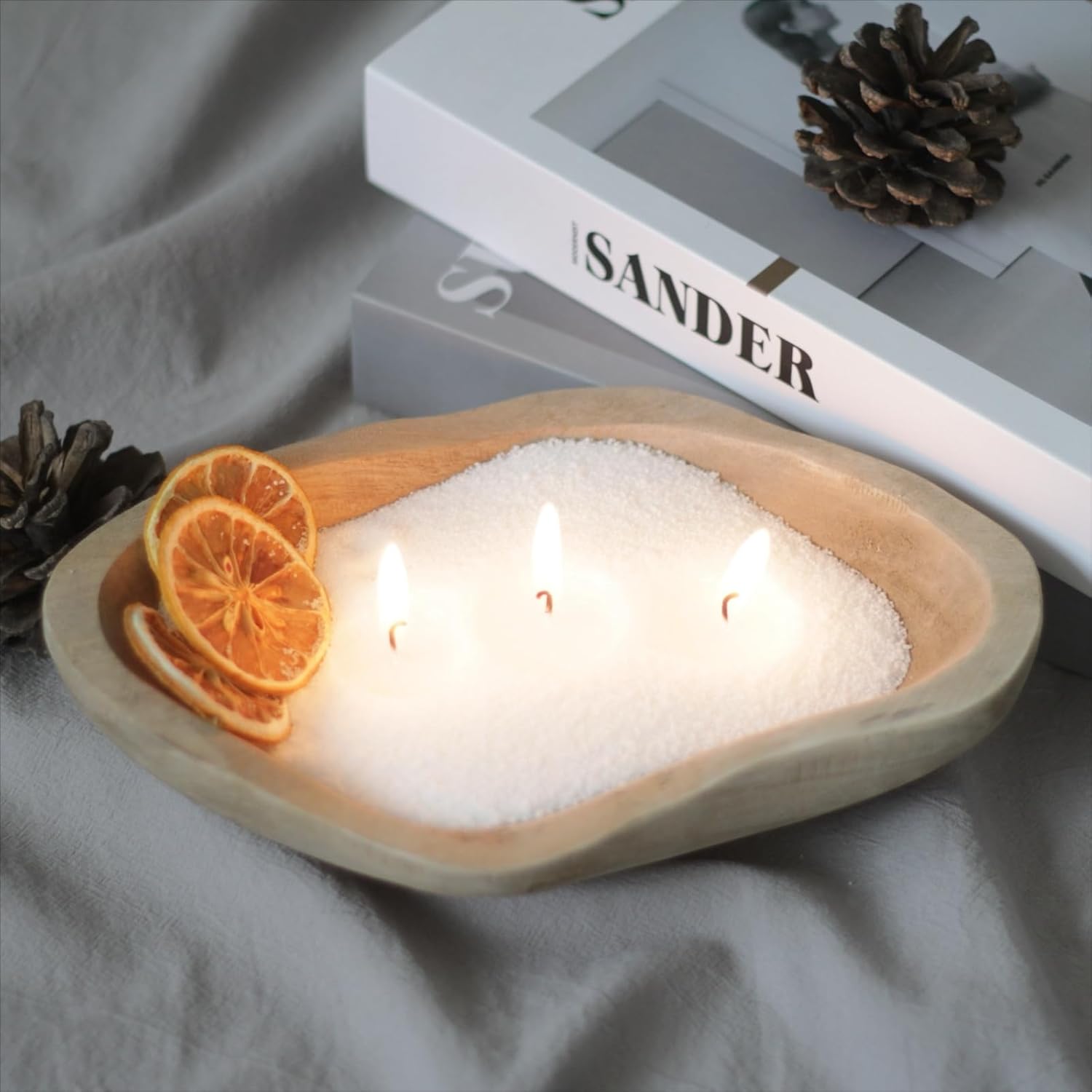 GrusoSP Reusable Wooden Candle Bowl with Pearl Sand 18 Oz Unscented DIY Kit