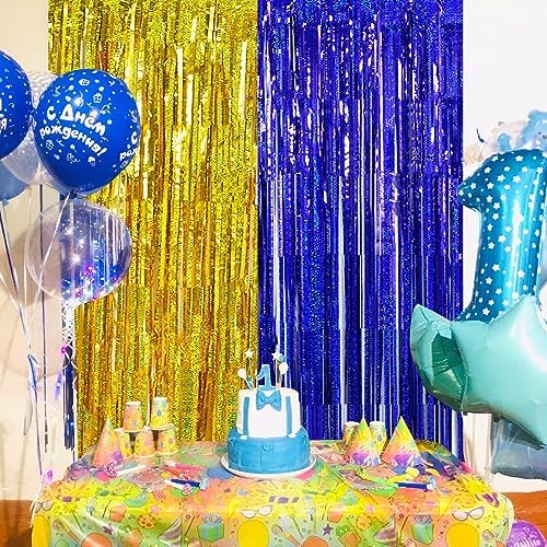 BEISHIDA 4Pcs Blue and Gold Party Streamers Curtain
