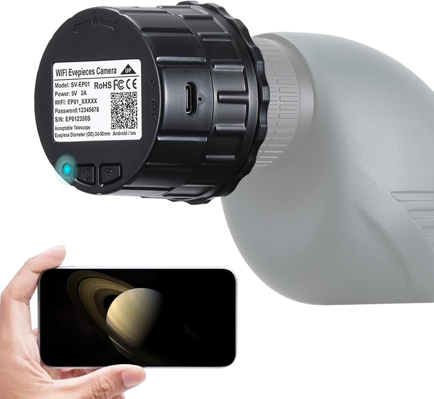 WiFi Eyepiece Camera for 24mm to 50mm Telescopes and Microscopes