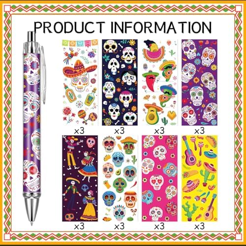 Sugar Skull Ballpoint Pens 24-Pack Colorful Retractable