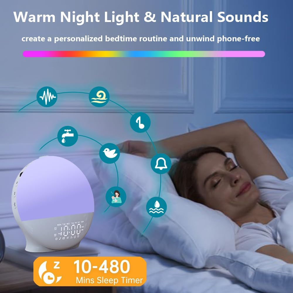 MASSII 2025 Upgraded Sunrise Alarm Clock with 17 Nightlights and 5W Bluetooth Speaker