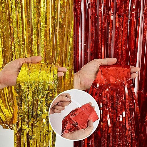 BEISHIDA 4Pcs Red Gold Party Streamers Foil Curtain Backdrop