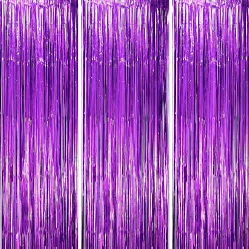 3 Pack Purple Foil Fringe Backdrop Curtains for Parties
