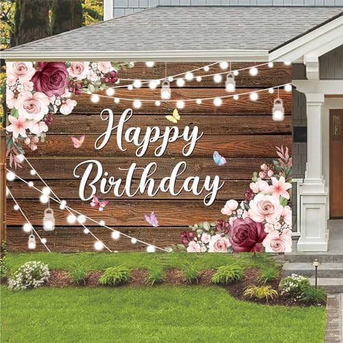 YinQin Rustic Wood Flower Happy Birthday Backdrop Cloth Banner 180x120cm