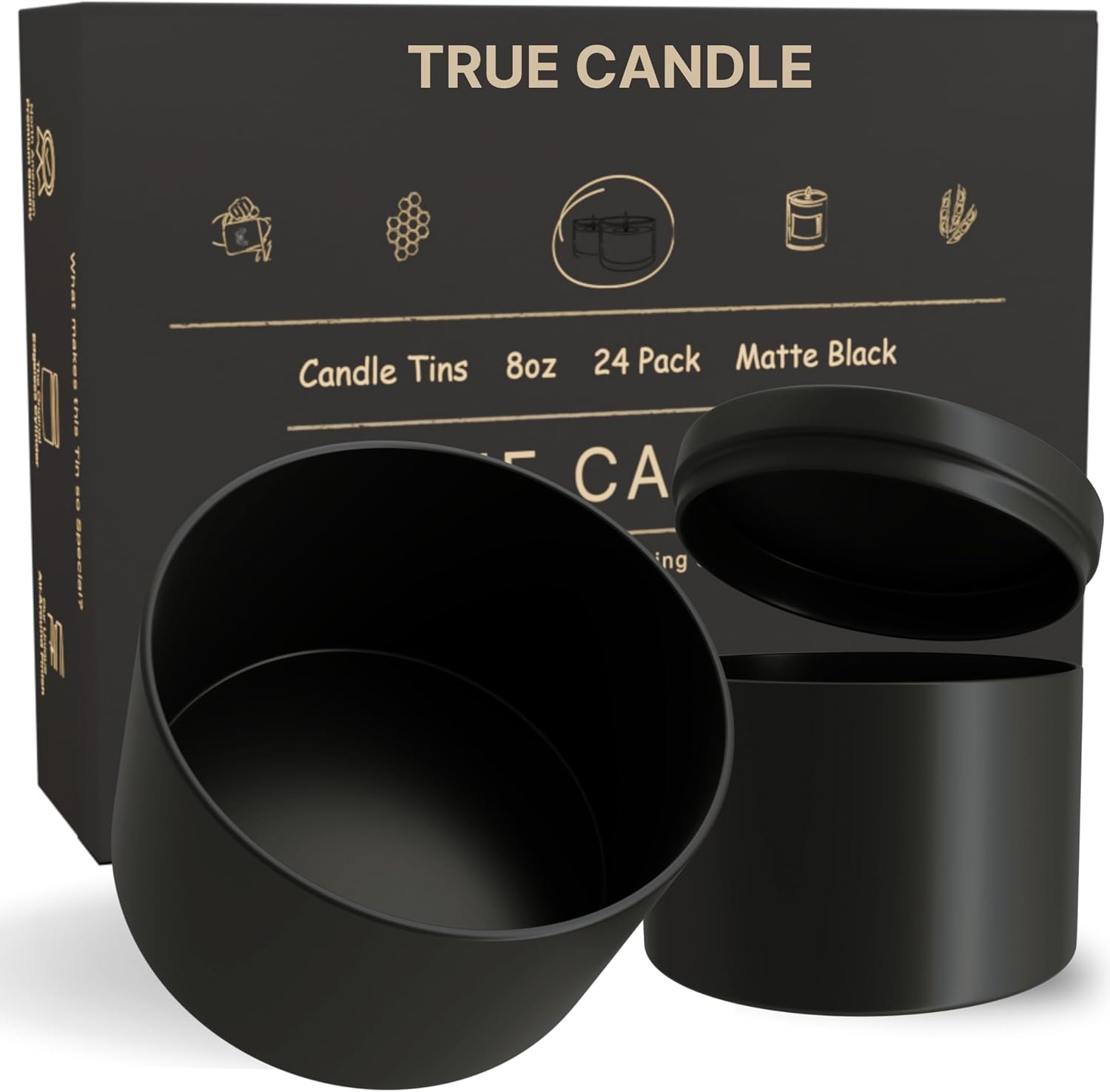 True Candle 24 Pack 8 oz Black Metal Candle Containers