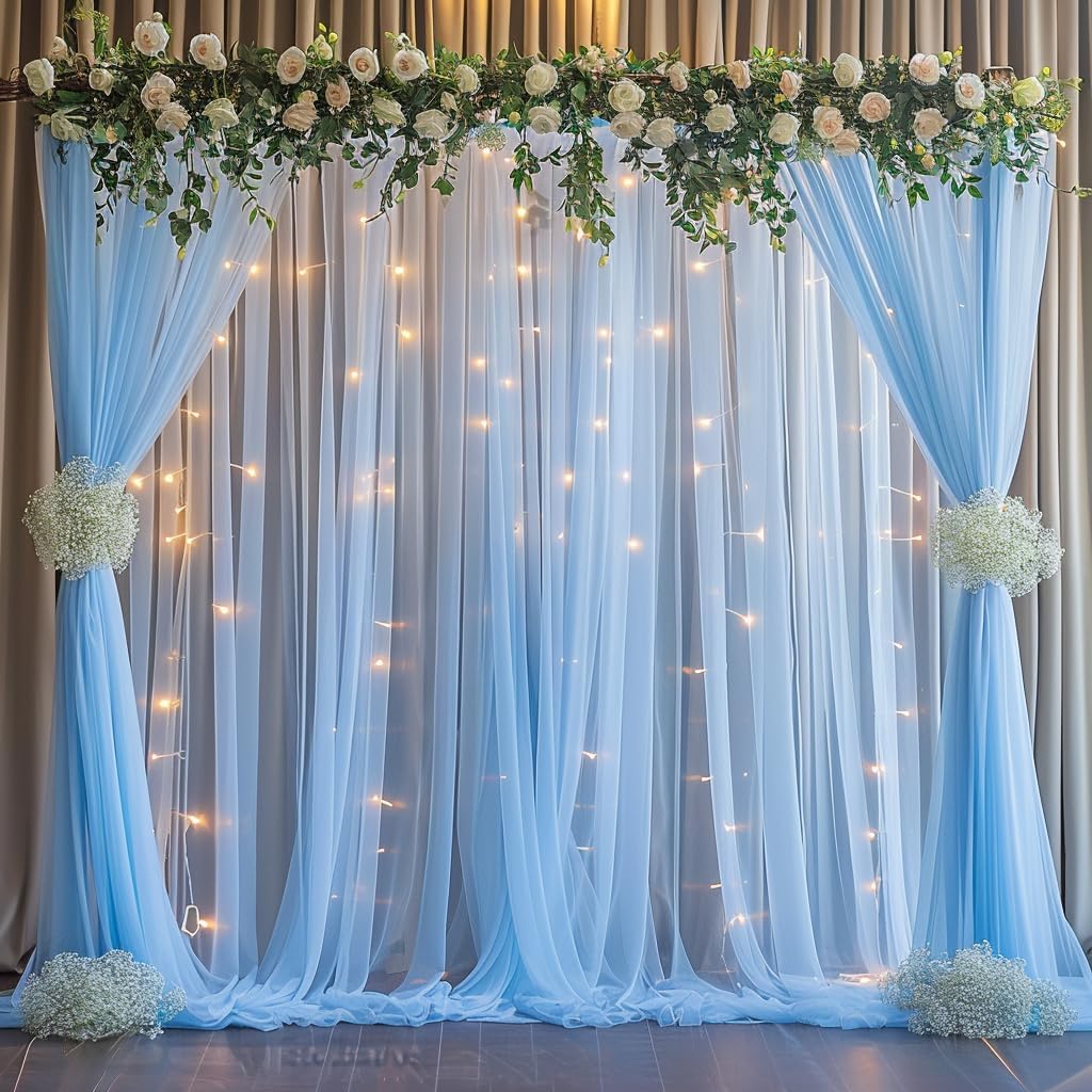 10x10ft Baby Blue Tulle Backdrop with String Lights for Parties
