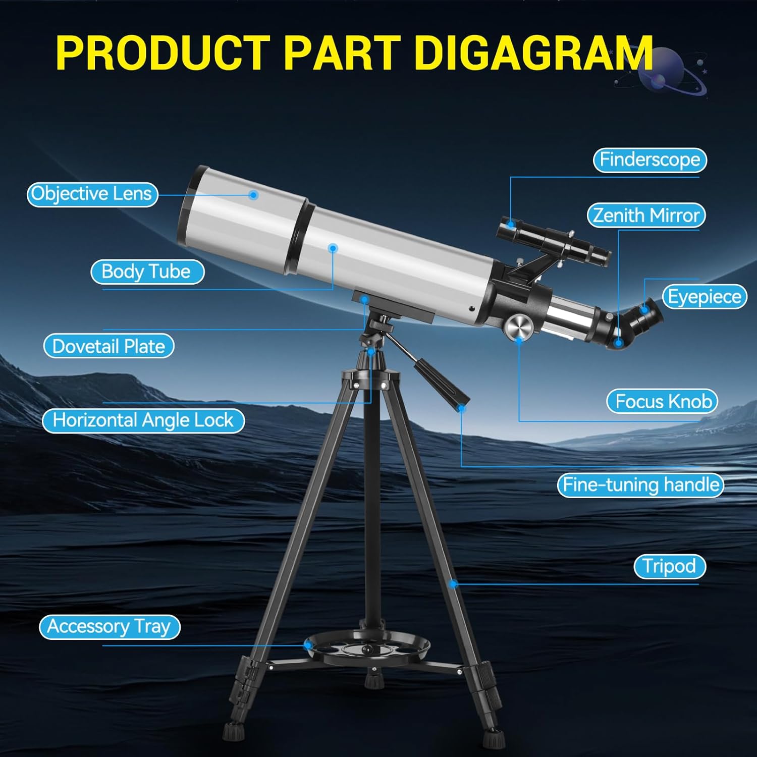 90mm Aperture Refractor Telescope with 2 Eyepieces Carry Bag Phone Adapter