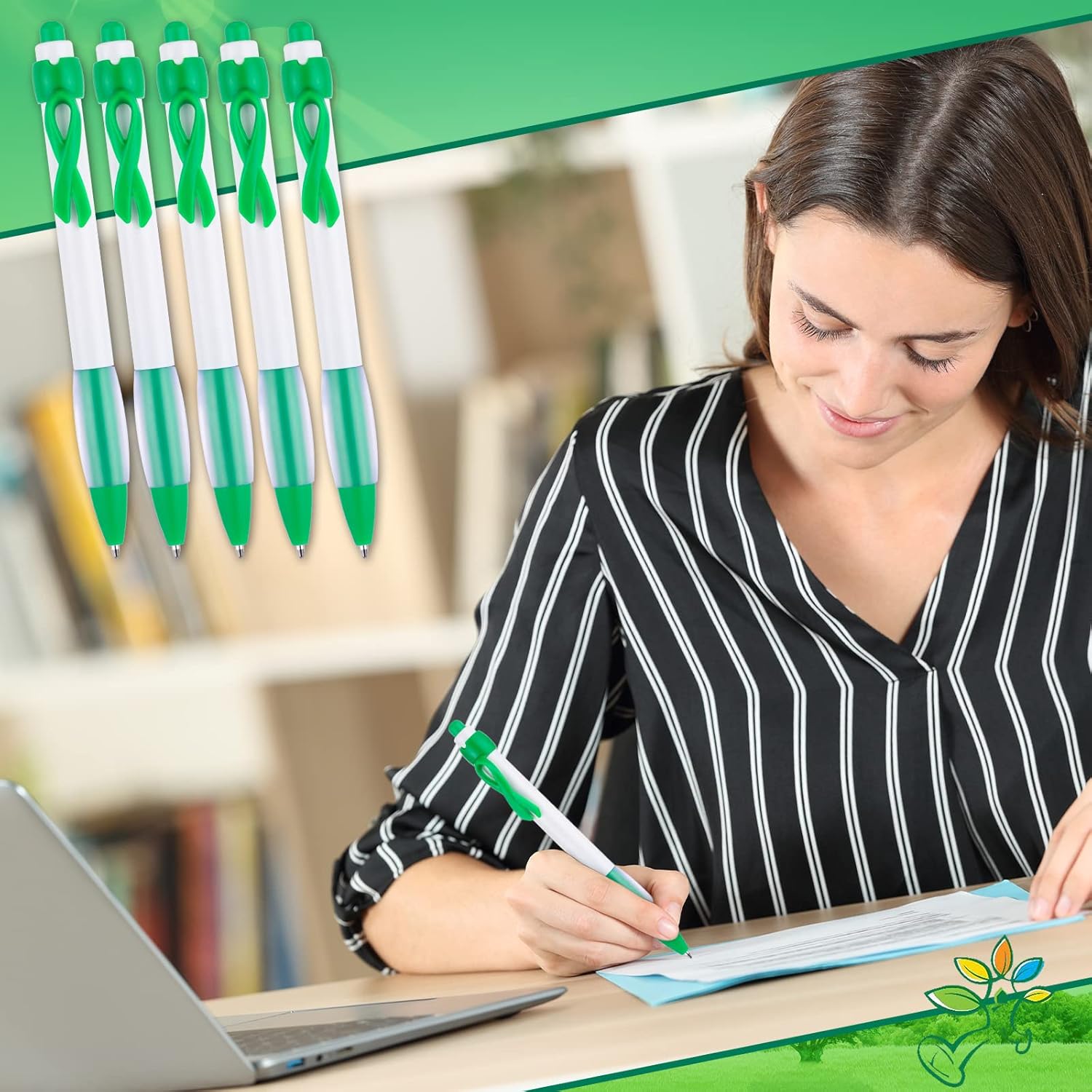 Yexiya 200 Pcs Green Ribbon Awareness Pen Set