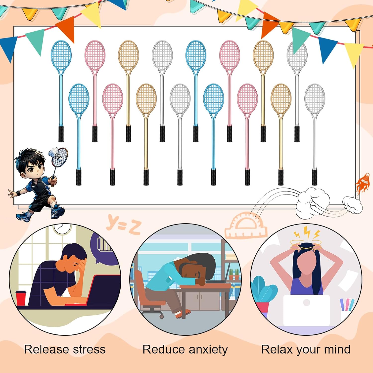 60 Pcs Tennis Racket Gel Pens for Parties and Stress Relief