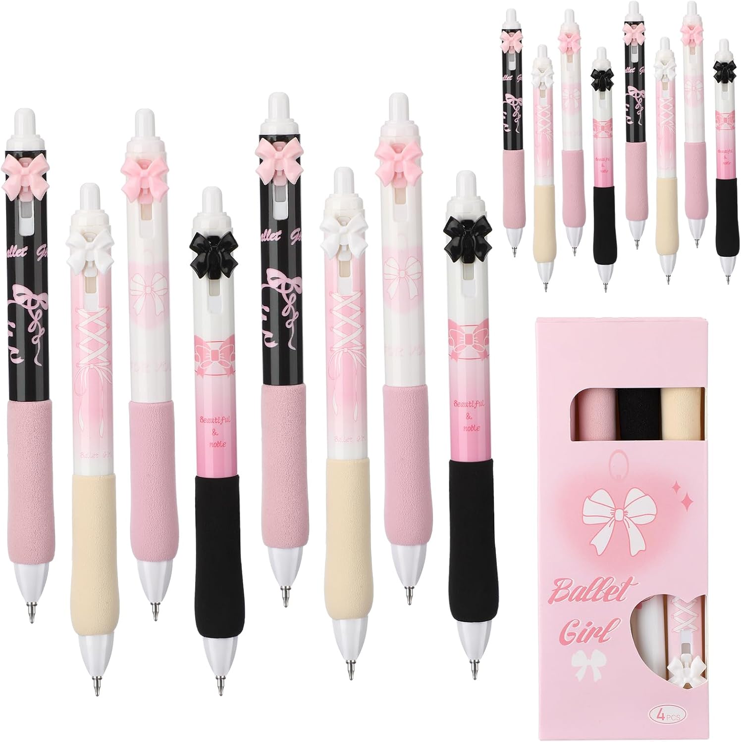 12 Pcs Ballet Bow Pens Set Pink Gel Ink Ballpoint Pens