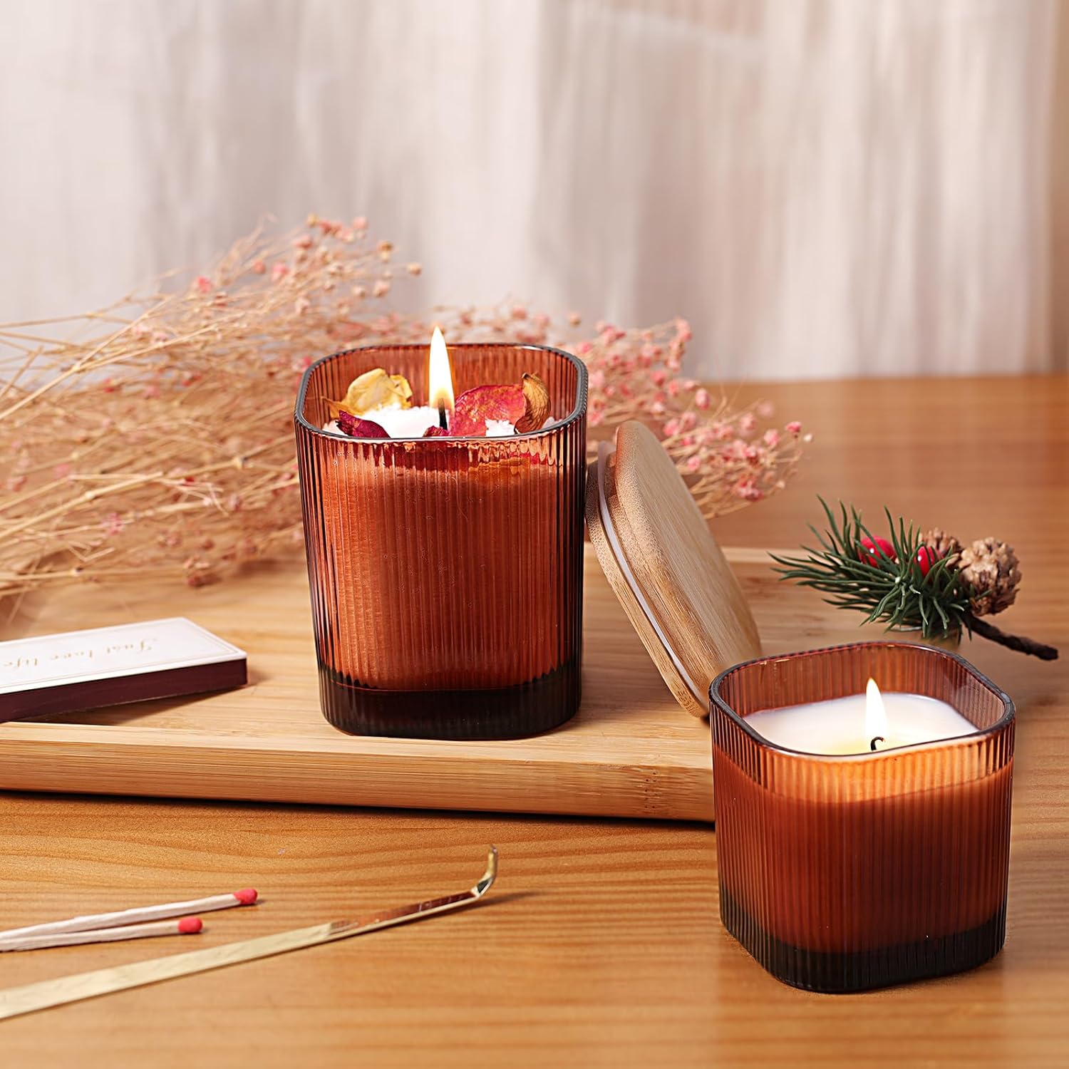 12oz and 6oz Amber Glass Candle Jars Set of 12 with Lids