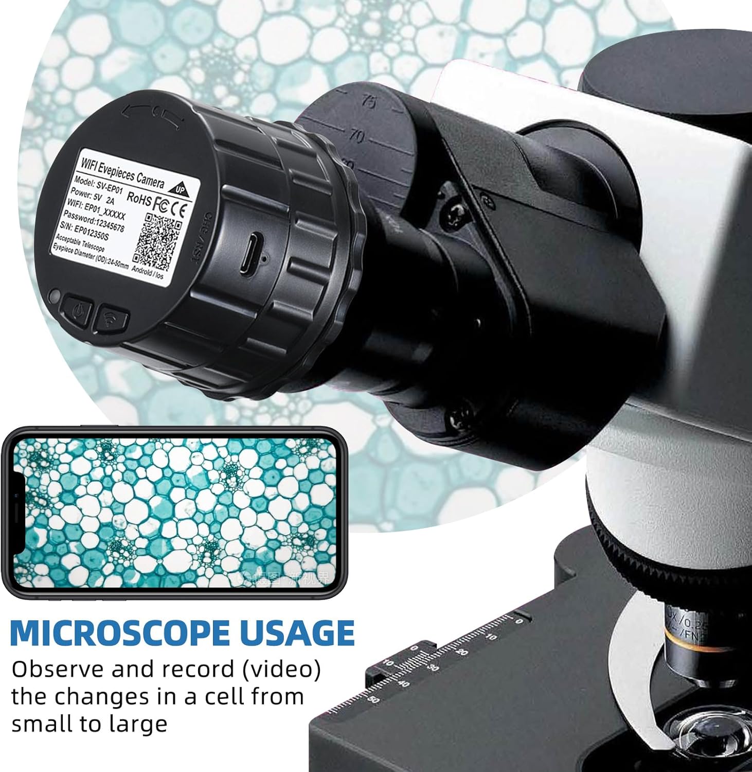 WiFi Eyepiece Camera for 24mm to 50mm Telescopes and Microscopes