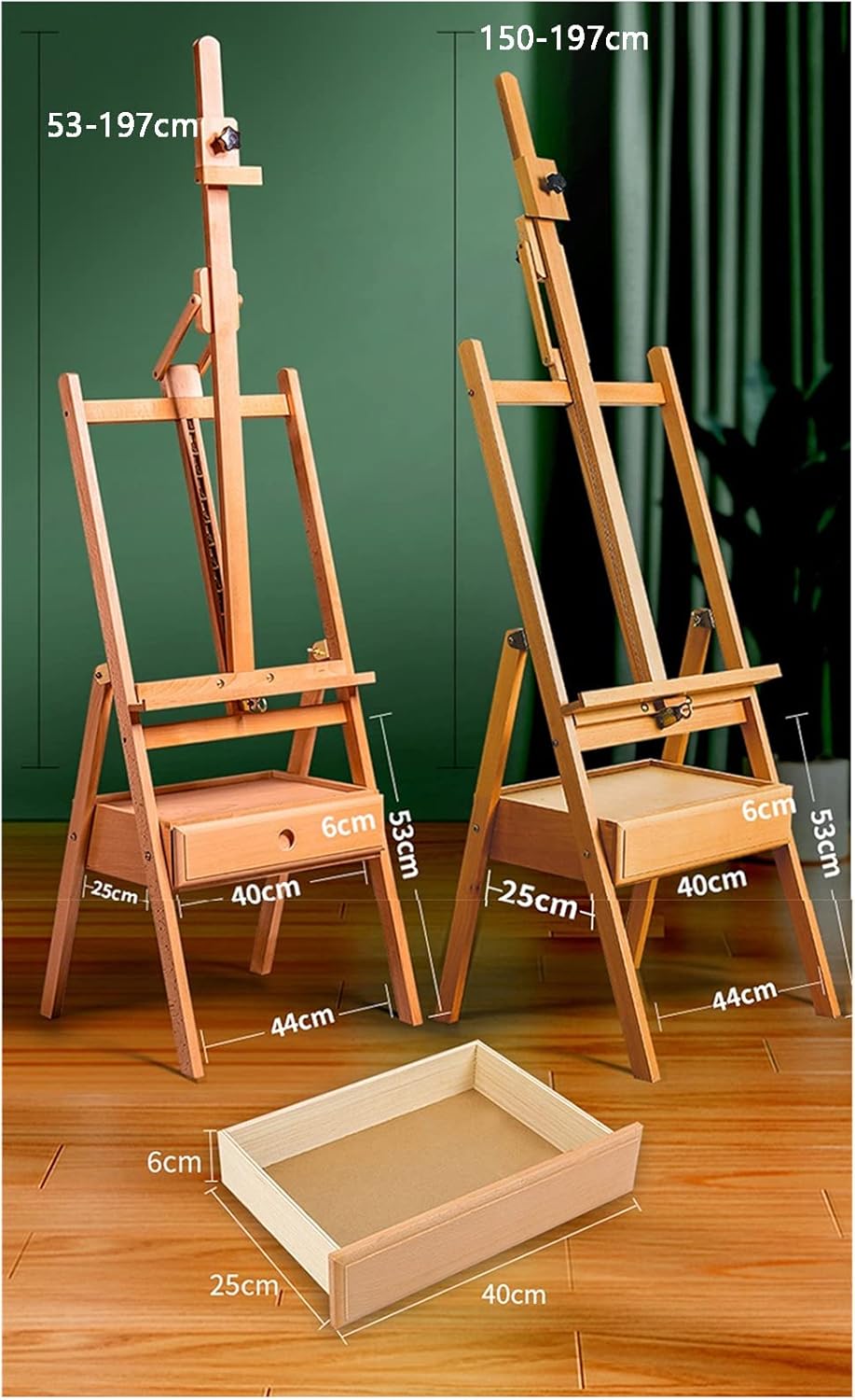 Adjustable Wooden H-Frame Art Easel with Storage Drawer