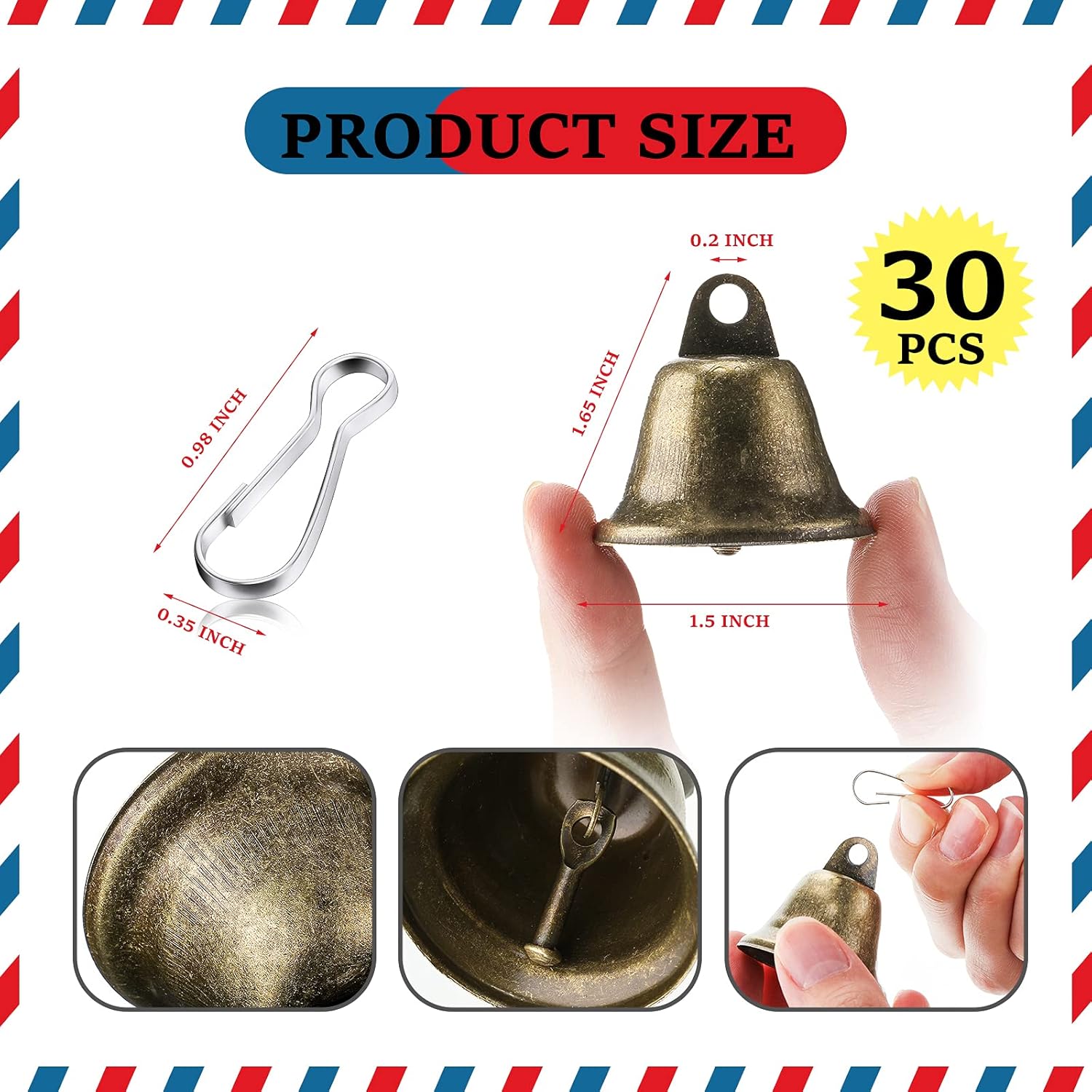 30 Pieces Mini Brass Bells with Spring Hooks for Crafts