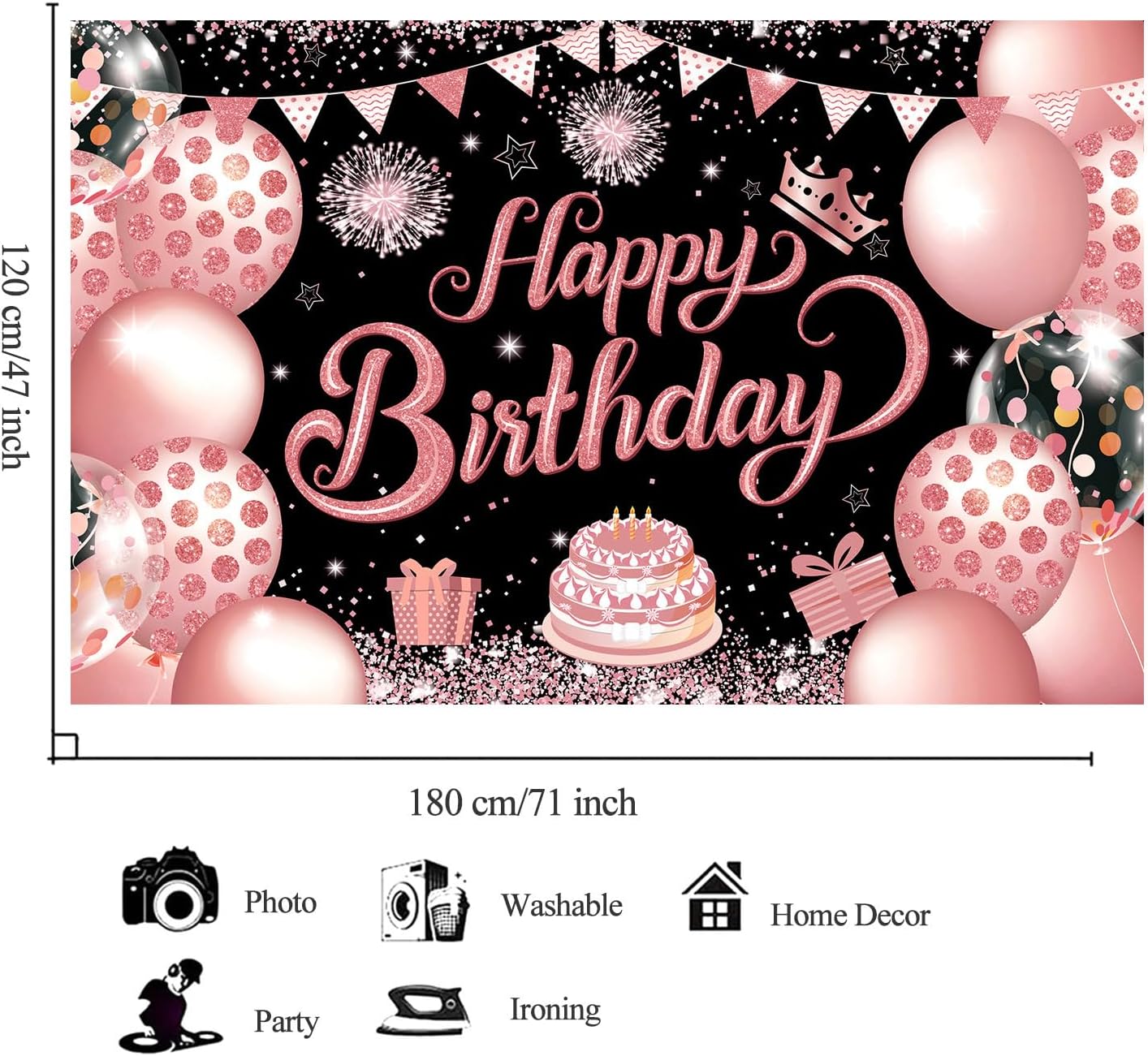 YinQin 180x120 cm Black Rose Gold Happy Birthday Photography Backdrop Cloth