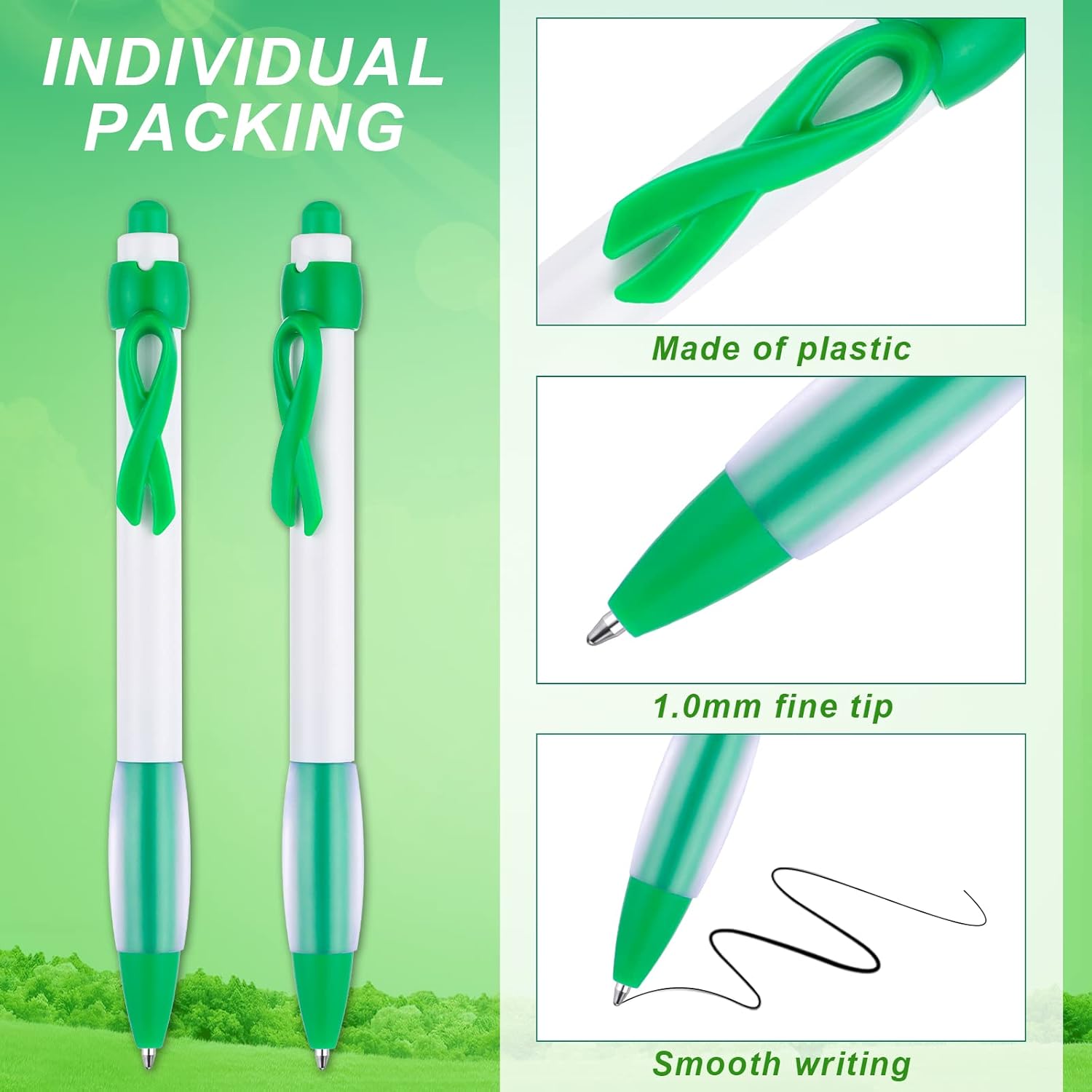 Yexiya 200 Pcs Green Ribbon Awareness Pen Set