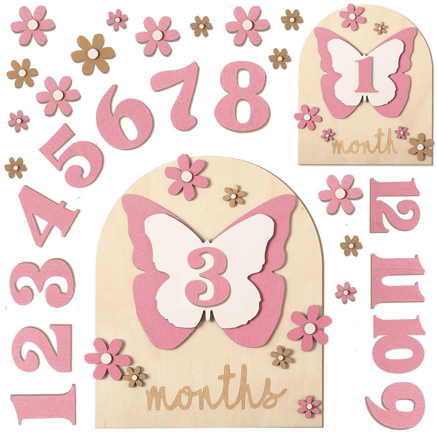 26 Pcs Baby Monthly Milestone Cards Set Wooden Discs for Girl Butterfly