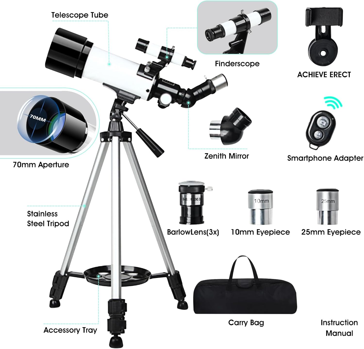 FASHIONARI 70mm Telescope with Wireless Remote for Kids and Beginners
