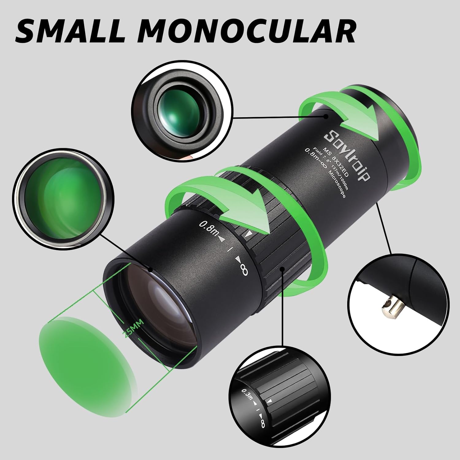 8x25 Compact Waterproof Monocular for Adults