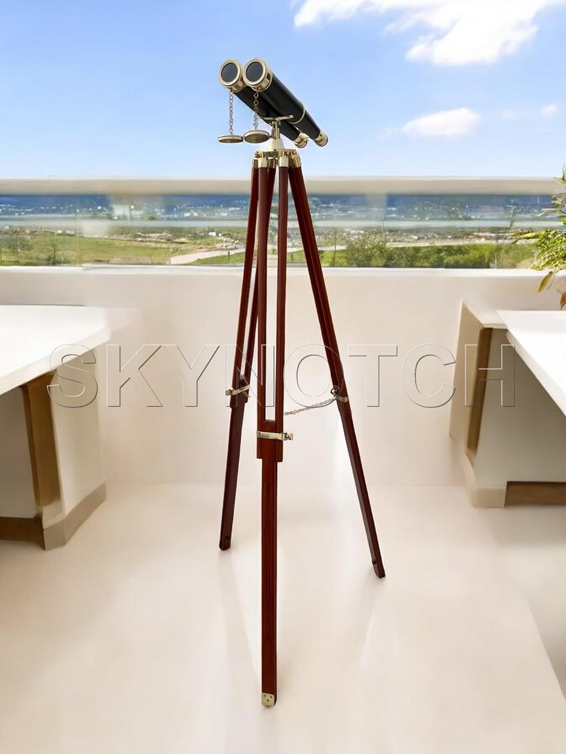 SKYNOTCH Nautical Brass Double Barrel Binocular With 62 Inch Wooden Stand