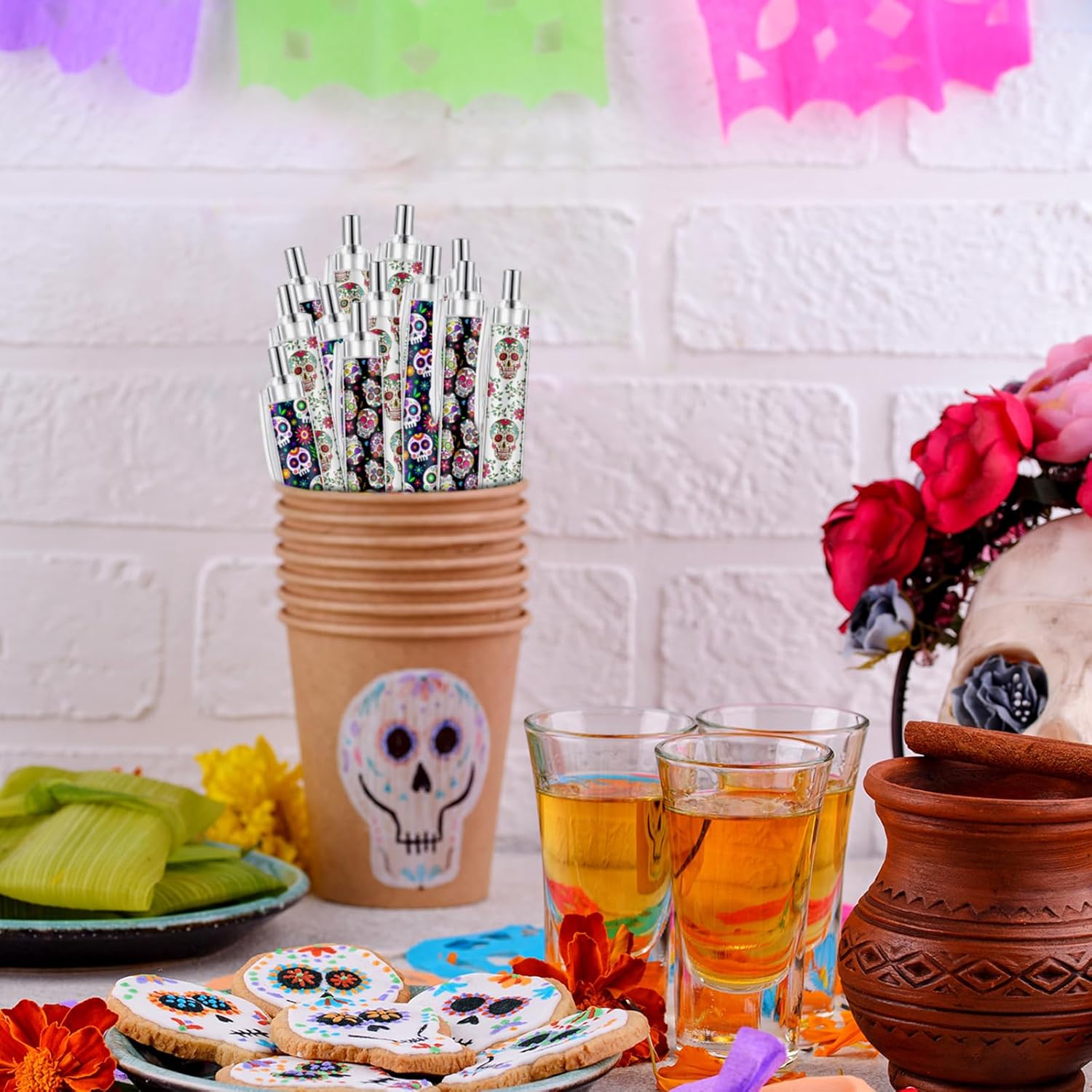 25 Pcs Holographic Sugar Skull Pens for Halloween Day of the Dead