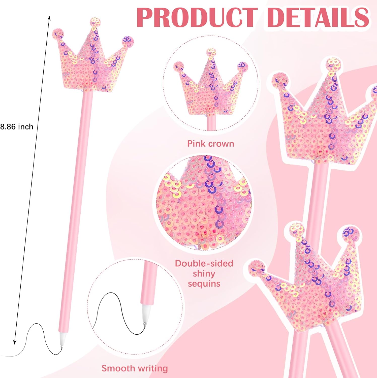 12 Pcs Pink Crown Glitter Ballpoint Pens for Office and Parties