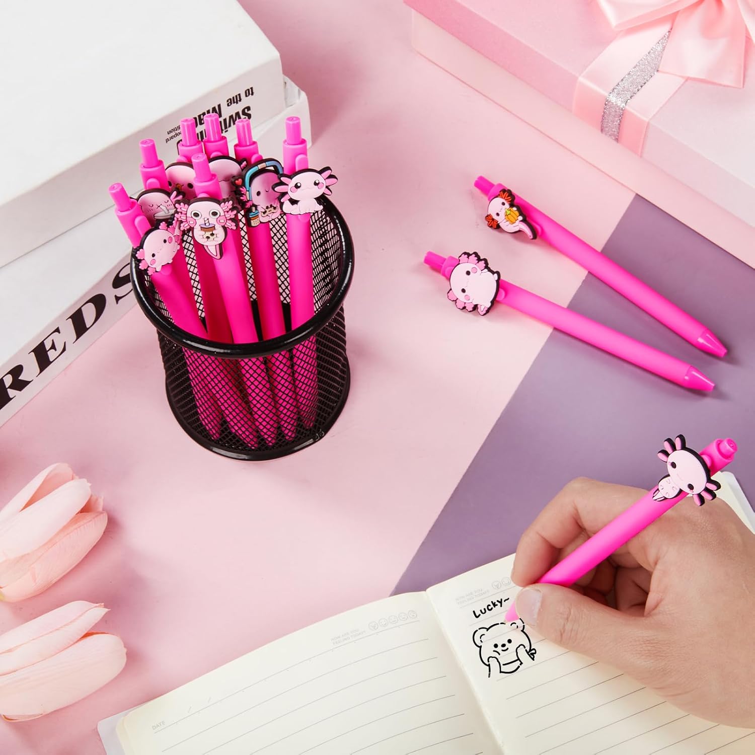 10 Pcs Cute Pink Axolotl Theme Ballpoint Pens for Kids Students