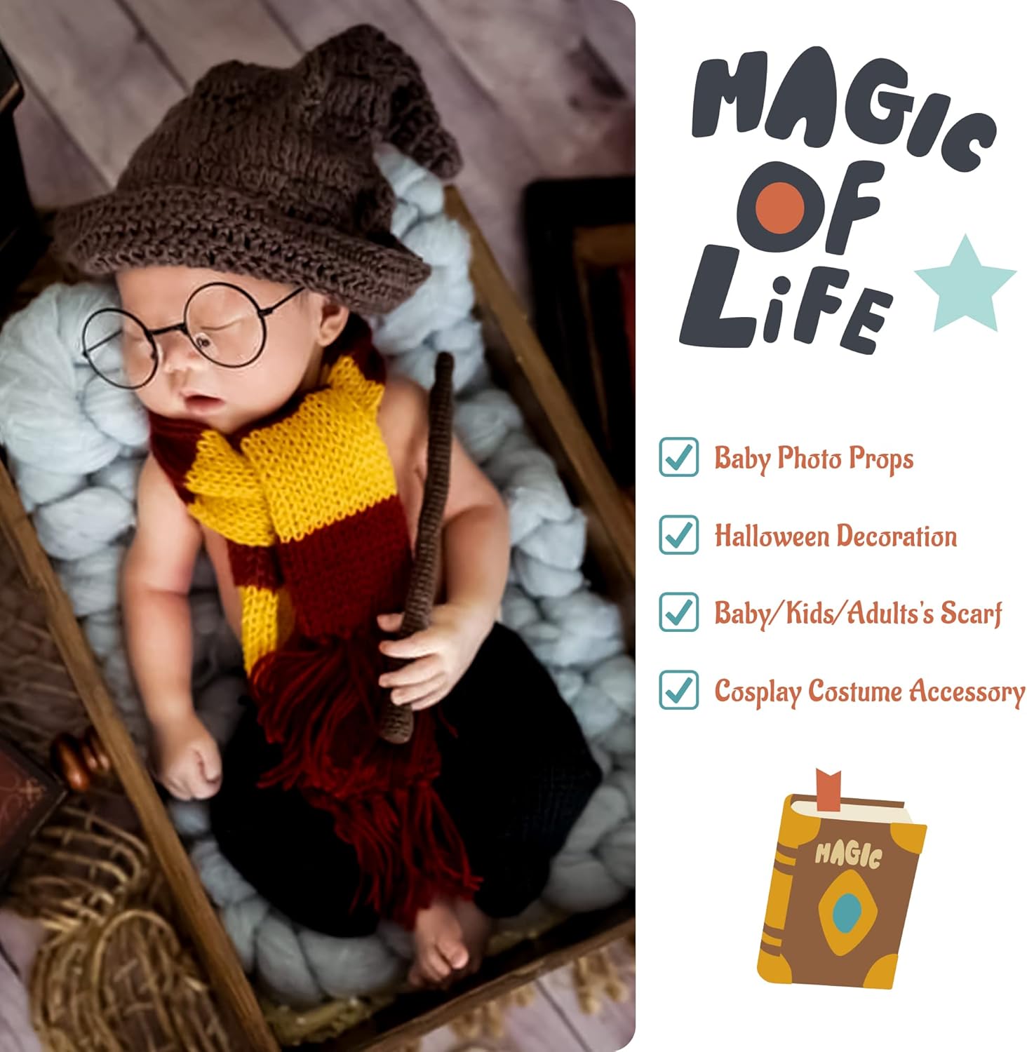 Halloween Baby Posing Prop Set 4pcs Wizard Witch Hat Scarf Wand Glasses Frame