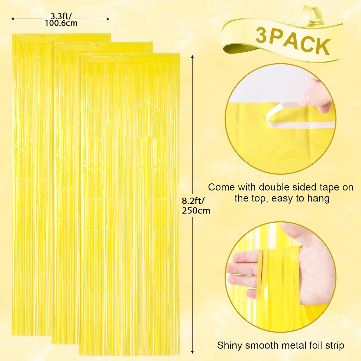 3 Pack Pastel Yellow Foil Fringe Backdrop Curtains for Parties