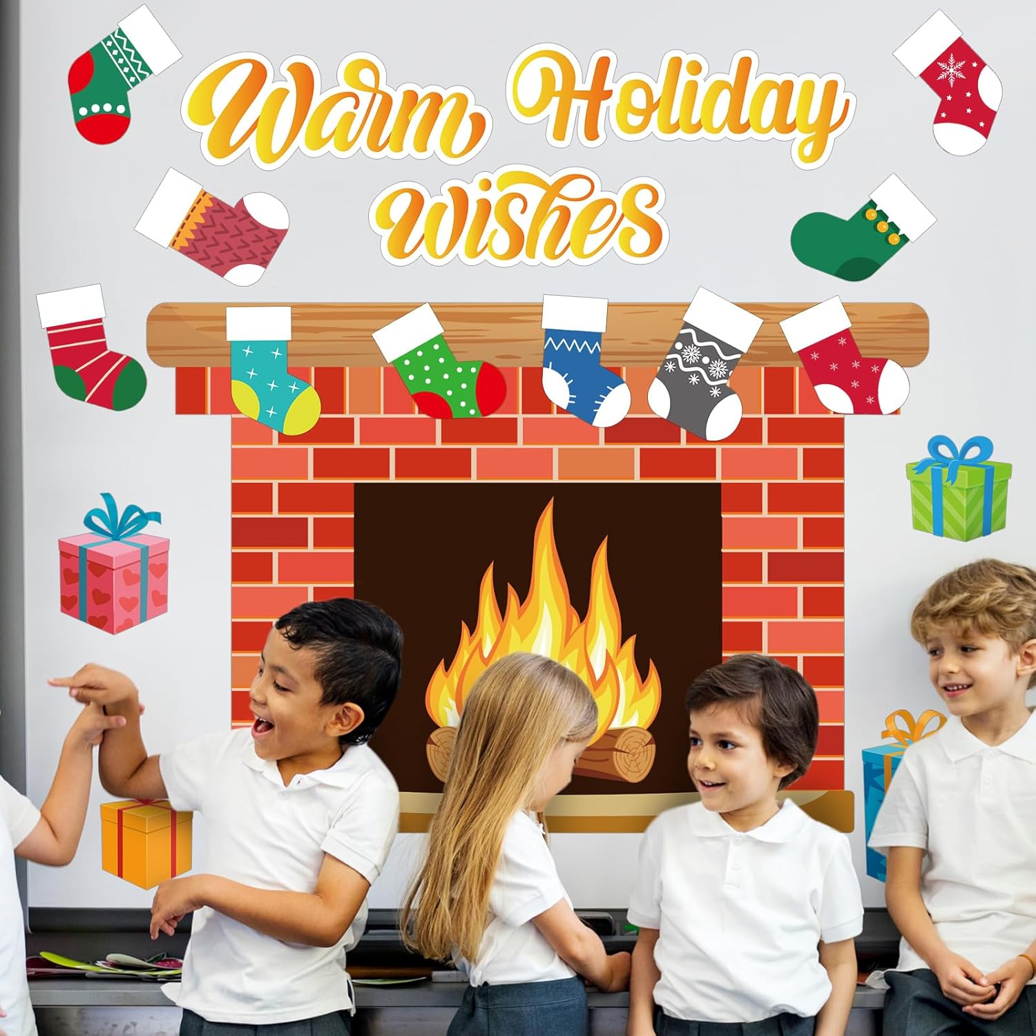 Christmas Bulletin Board with Fireplace and Stocking Cutouts