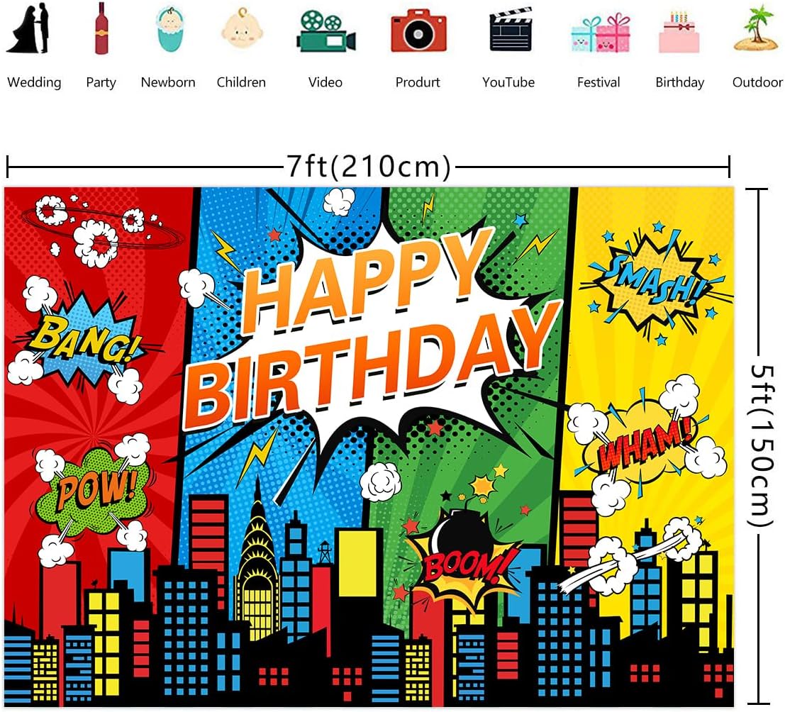 7x5FT Cartoon Superhero Cityscape Birthday Party Backdrop